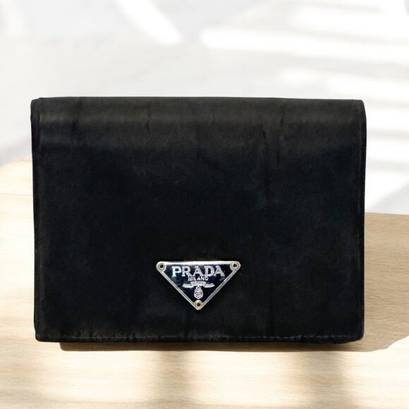 Authentic PRADA Black Tessuto Bifold Wallet Parachute Nylon Saffiano Leather - Picture 1 of 14